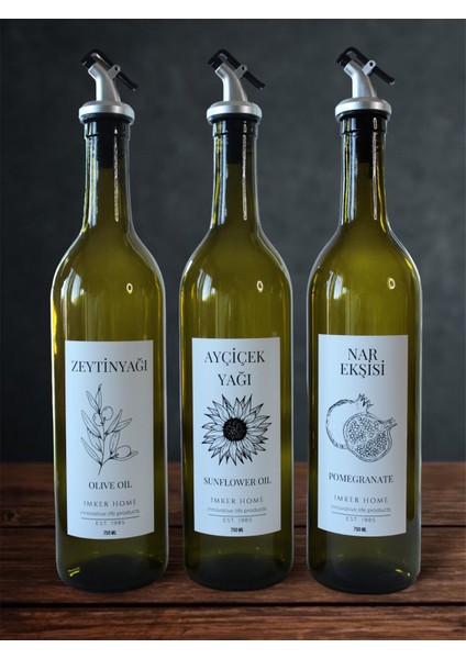 Amber Cam Ayçiçek Yağı Zeytinyağı Nar Ekşisi Şişesi 3lü Set Yağdanlık Sosluk 750ML