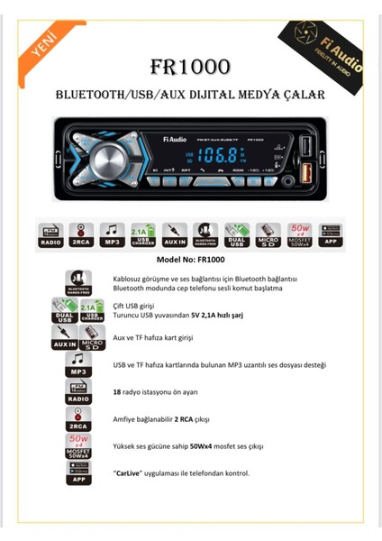 Fi Audio FR1000 Bluetooth/usb/aux Dijital Medya Çalar Oto Teyp