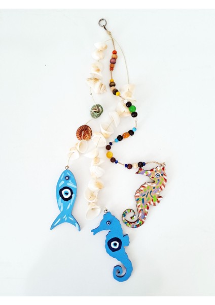 Deniz Kabuğu Sarkıtlı Denizatı ve Yunuslu El Yapımı Rüzgar Çanı 12X50 cm - RZG30