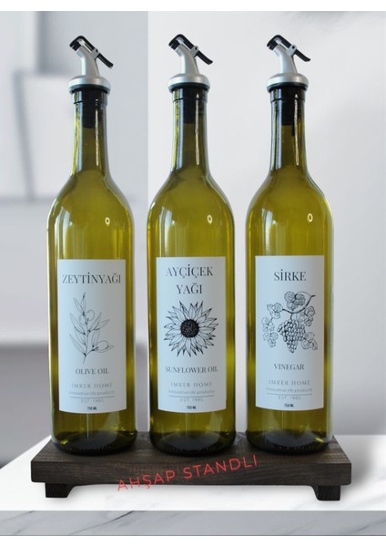 Ahşap Stantlı Amber Cam Zeytinyağı Ayçiçek Yağı Sirke Şişesi Seti Sıvıyağlık Yağdanlık Sosluk 750ML