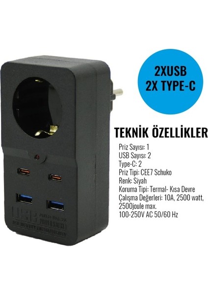 Termal Akım Korumalı Type-C Ve USB 2.1A Şarj Çıkışlı 10A 2500W Priz modelleri