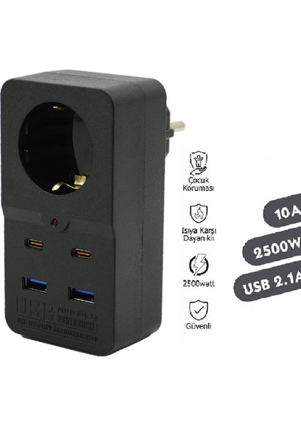 Termal Akım Korumalı Type-C Ve USB 2.1A Şarj Çıkışlı 10A 2500W Priz indirimleri