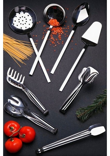 8'li Servis Maşa Seti Kepçe Kevgir Kaşık Spatula Makarna Salata Izgara Pasta Maşa Mutfak Seti Çelik