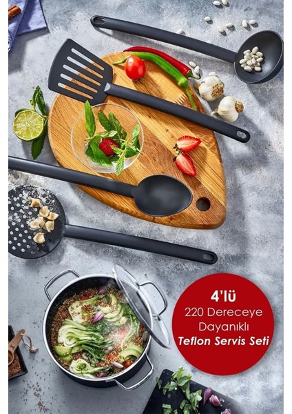 4'lü Lüx Yanmaz Yapışmaz Teflon Kaplama Servis Seti Kepçe Kevgir Spatula Kaşık Plastik Servis Takımı fiyatları