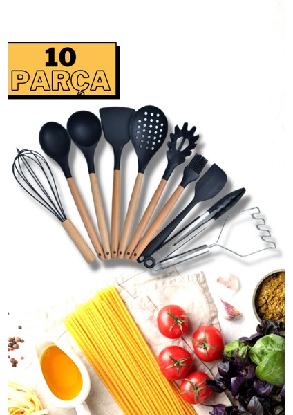10 Parça Silikon Kepçe Kevgir Kaşık Çırpıcı Patates Ezici Bambu Saplı Mutfak Servis Seti Takımı