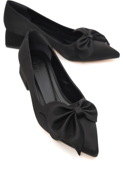 Camila Siyah Saten Fiyonklu (4cm) Sivri Burun Topuklu Ayakkabı fiyatları