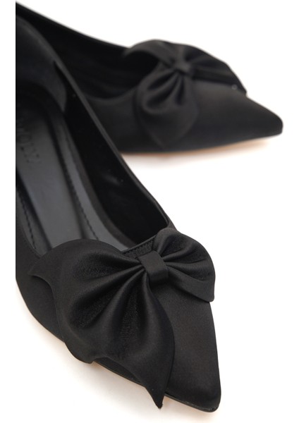 Camila Siyah Saten Fiyonklu (4cm) Sivri Burun Topuklu Ayakkabı modelleri