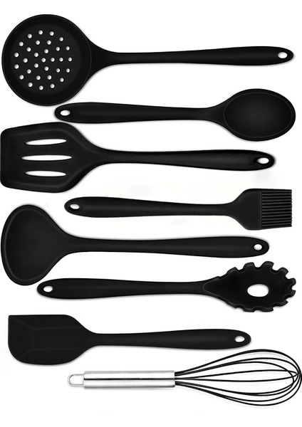 8 Parça Isıya Dayanıklı Yanmaz Yapışmaz Silikon Servis Seti Kevgir Kepçe Kaşık Fırça Spatula