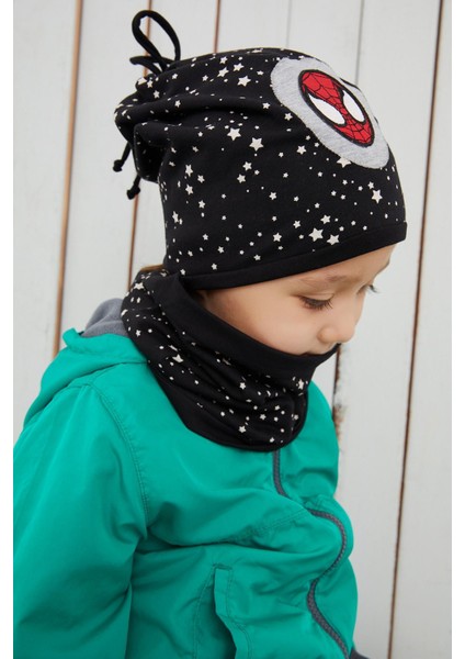 Siyah Beyaz %100 Pamuklu Doğal Yumuşak Çift Katlı Penye Spiderman Çocuk Bebek Bere Boyunluk Set