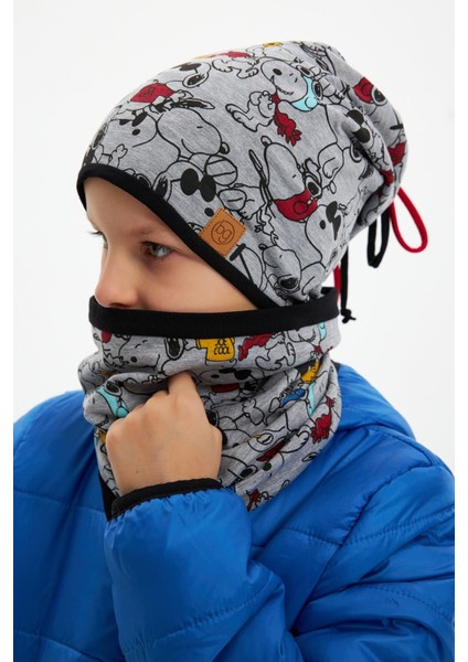 Açık Gri Erkek Çocuk Renkli Figürlü Bere Boyunluk Set Yumuşak Çift Katlı %100 Doğal Pamuklu Penye