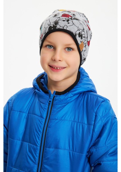 Açık Gri Erkek Çocuk Renkli Figürlü Bere Boyunluk Set Yumuşak Çift Katlı %100 Doğal Pamuklu Penye fırsatları