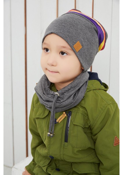 Füme Gri Üzerine Renkli Şeritli Çocuk Bebek Bere Boyunluk Set Yumuşak Çift Katlı %100 Doğal Pamuklu Penye fiyatları