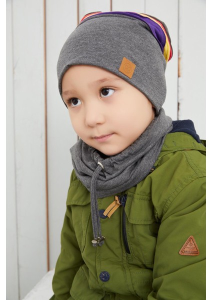 Füme Gri Üzerine Renkli Şeritli Çocuk Bebek Bere Boyunluk Set Yumuşak Çift Katlı %100 Doğal Pamuklu Penye fırsatları