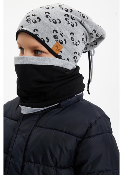 Gri Erkek Çocuk Panda Desenli Bere Boyunluk Set Yumuşak Çift Katlı %100 Doğal Pamuklu Penye