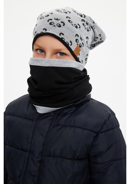 Gri Erkek Çocuk Panda Desenli Bere Boyunluk Set Yumuşak Çift Katlı %100 Doğal Pamuklu Penye modelleri