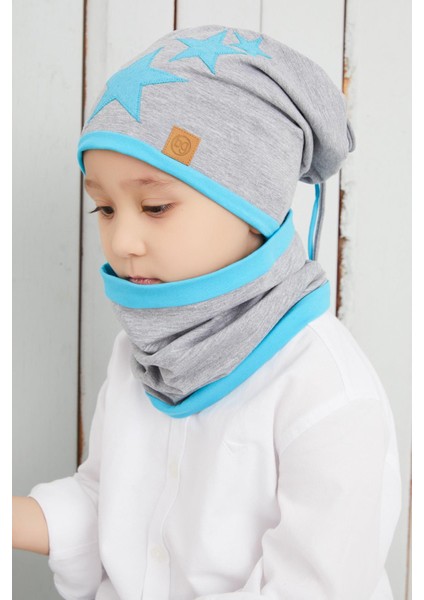 Erkek Çocuk Gri Mavi Yıldızlı Bere Boyunluk Set Yumuşak Çift Katlı %100 Doğal Pamuklu Penye