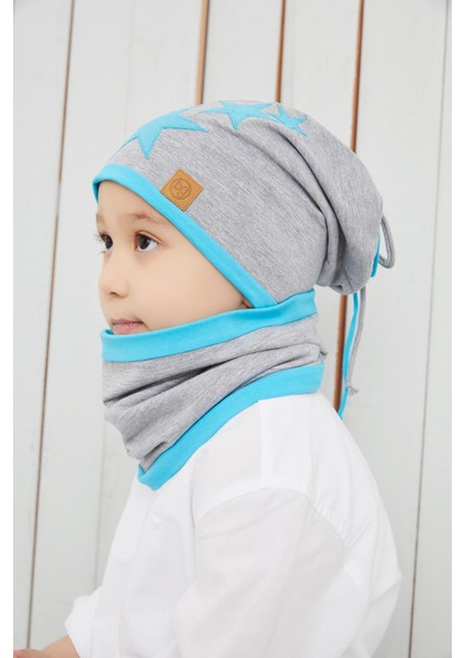 Erkek Çocuk Gri Mavi Yıldızlı Bere Boyunluk Set Yumuşak Çift Katlı %100 Doğal Pamuklu Penye modelleri