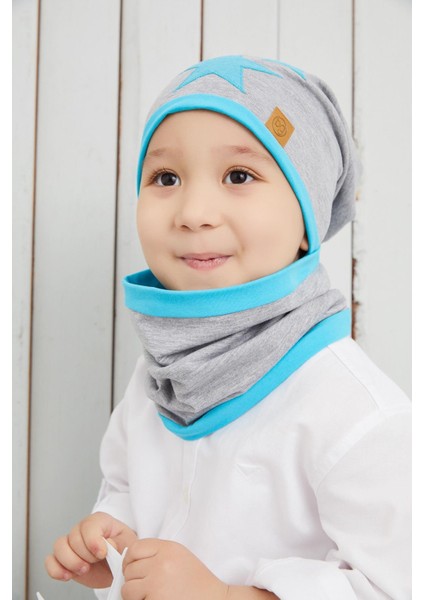 Erkek Çocuk Gri Mavi Yıldızlı Bere Boyunluk Set Yumuşak Çift Katlı %100 Doğal Pamuklu Penye fırsatları