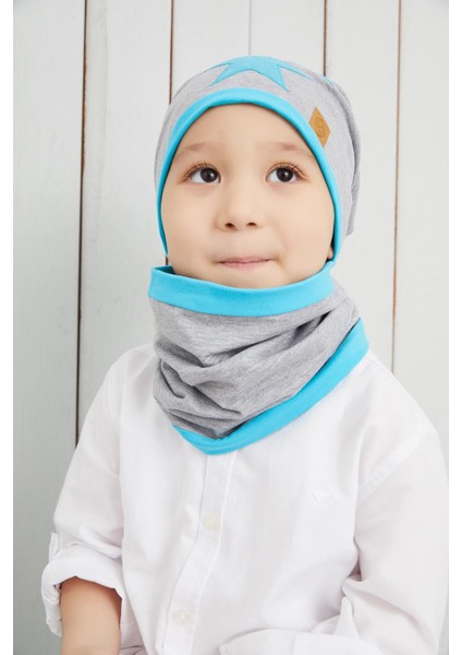 Erkek Çocuk Gri Mavi Yıldızlı Bere Boyunluk Set Yumuşak Çift Katlı %100 Doğal Pamuklu Penye indirimleri