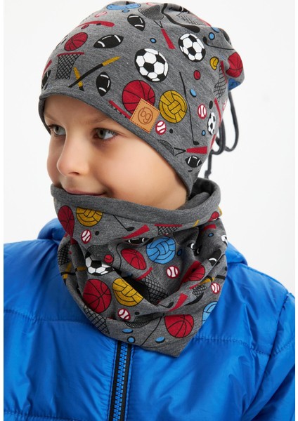 Füme Erkek Çocuk Renkli Figürlü Bere Boyunluk Set Yumuşak Çift Katlı %100 Doğal Pamuklu Penye