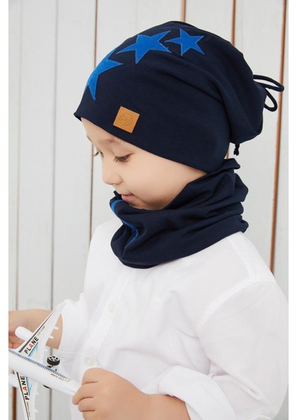 Erkek Çocuk Lacivert Mavi Yıldızlı Bere Boyunluk Set Yumuşak Çift Katlı %100 Doğal Pamuklu Penye