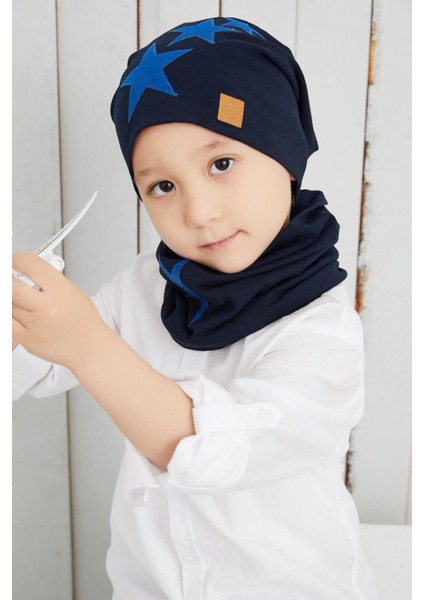 Erkek Çocuk Lacivert Mavi Yıldızlı Bere Boyunluk Set Yumuşak Çift Katlı %100 Doğal Pamuklu Penye fiyatları