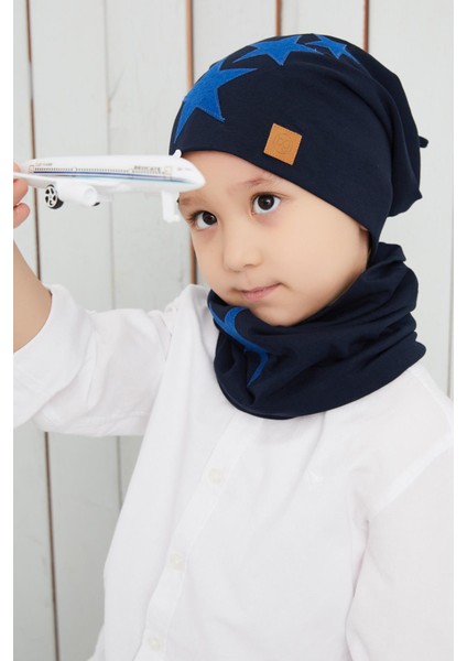 Erkek Çocuk Lacivert Mavi Yıldızlı Bere Boyunluk Set Yumuşak Çift Katlı %100 Doğal Pamuklu Penye modelleri