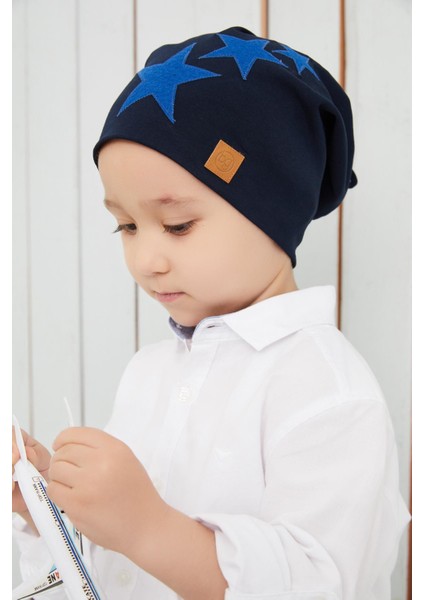 Erkek Çocuk Lacivert Mavi Yıldızlı Bere Boyunluk Set Yumuşak Çift Katlı %100 Doğal Pamuklu Penye fırsatları