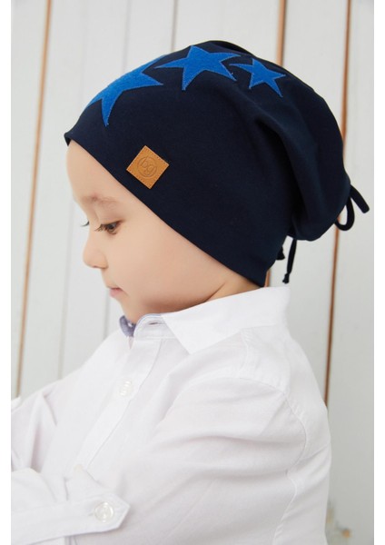 Erkek Çocuk Lacivert Mavi Yıldızlı Bere Boyunluk Set Yumuşak Çift Katlı %100 Doğal Pamuklu Penye indirimleri