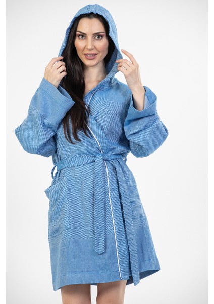 Copenhagen Mavi Comfy Crisscross Kapşonlu Bambu Peştamal Kadın Bornoz L - XL