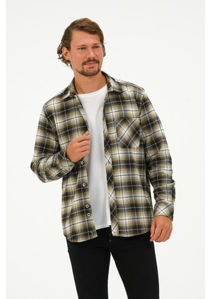 Erkek Haki Oversize Cep Detaylı Ekose Oduncu Gömlek