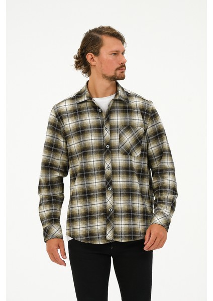 Erkek Haki Oversize Cep Detaylı Ekose Oduncu Gömlek modelleri