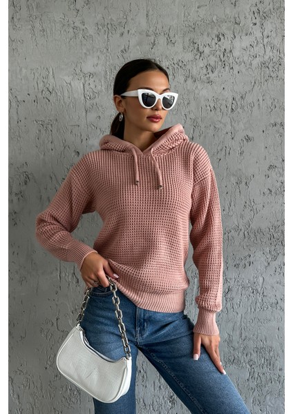 Kapüşonlu Uzun Kollu Pudra Renk Triko Kazak fiyatları