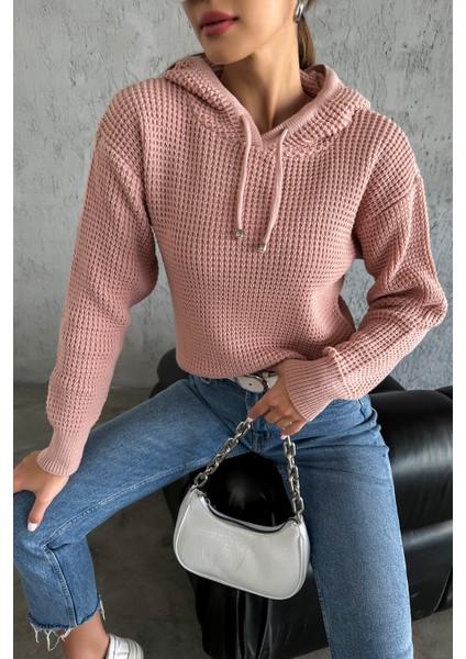 Kapüşonlu Uzun Kollu Pudra Renk Triko Kazak modelleri