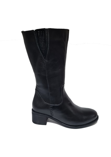 Içi Polarlı Deri Fermuarlı Rahat Kadın Kısa Topuk Çizme 9289