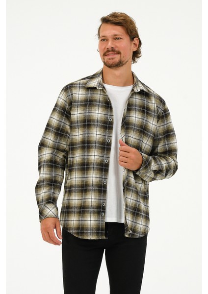 Erkek Haki Oversize Ekose Oduncu Gömlek