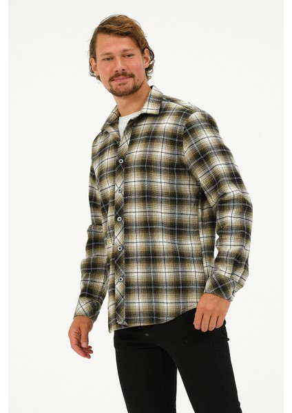 Erkek Haki Oversize Ekose Oduncu Gömlek