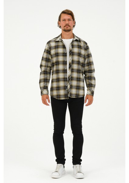 Erkek Haki Oversize Ekose Oduncu Gömlek