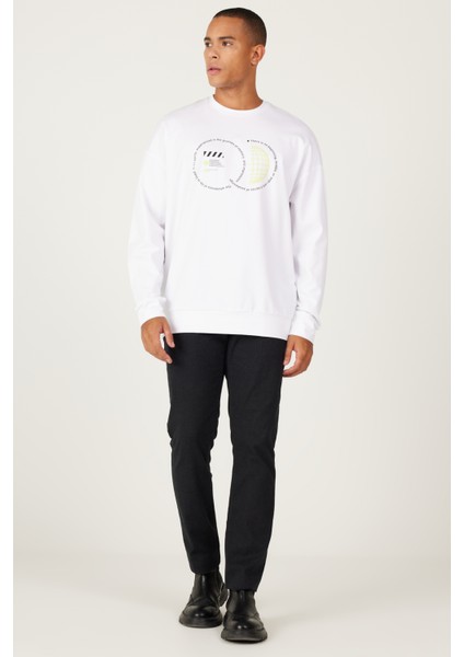 Erkek Beyaz Oversize Bol Kesim Bisiklet Yaka Pamuklu Baskılı Sweatshirt