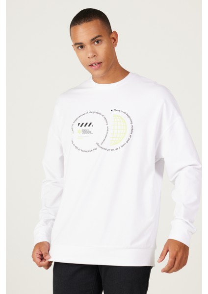 Erkek Beyaz Oversize Bol Kesim Bisiklet Yaka Pamuklu Baskılı Sweatshirt