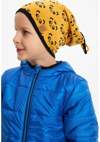 Hardal Erkek Çocuk Panda Desenli Şapka Bere Yumuşak Çift Katlı %100 Doğal Pamuklu Penye