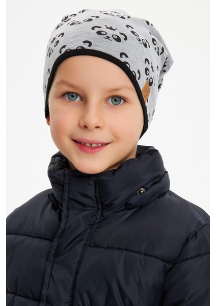 Gri Erkek Çocuk Panda Desenli Şapka Bere Yumuşak Çift Katlı %100 Doğal Pamuklu Penye fiyatları
