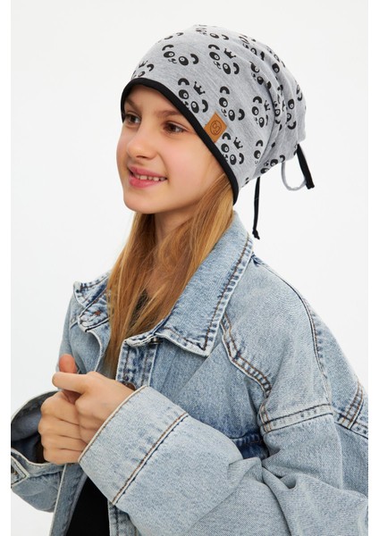 Gri Kız Çocuk Panda Desenli Şapka Bere Yumuşak Çift Katlı %100 Doğal Pamuklu Penye fiyatları
