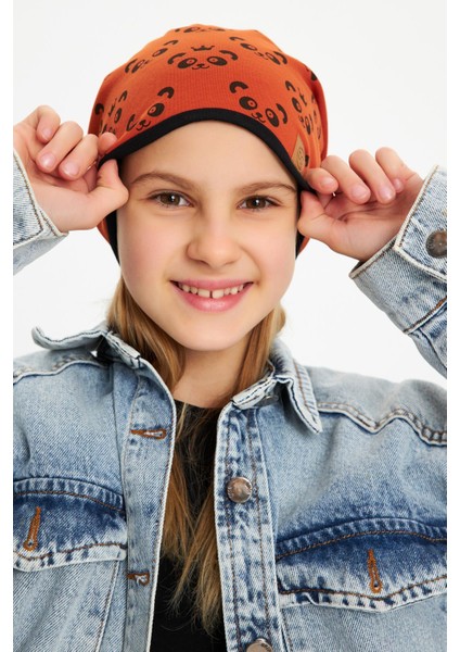 Kiremit Kız Çocuk Panda Desenli Şapka Bere Yumuşak Çift Katlı %100 Doğal Pamuklu Penye