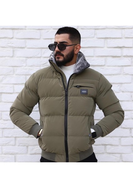 Erkek Slim Fit Şişme Mont Koyu Yeşil