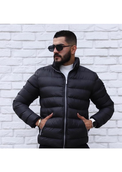 Erkek Fermuarlı Silim Fit Şişme Mont Siyah