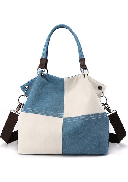 Tuval Kadın Çantası Dikiş Renk Tote Çantası Moda Stil El Çantası Tek Omuz Kadın Çantası Retro Çapraz Çantası Bayan Büyük Çantası (Yurt Dışından)