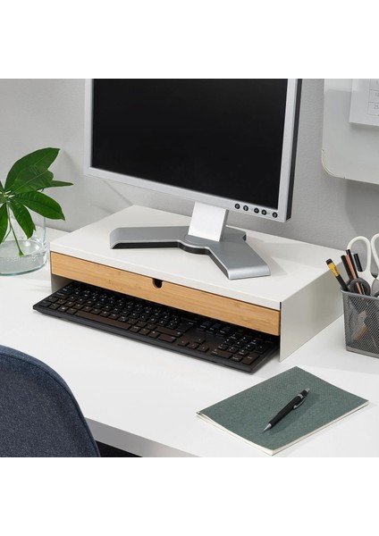 Monitör Yükseltici Meridyendukkan Beyaz Renk 47X26X10 cm Bambu, Çekmeceli Monitör Standı