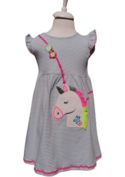 Kız Çocuk Elbise Unicorn Baskılı Çizgili Beyaz Mavi Beyaz - Mavi 3-4 Yaş