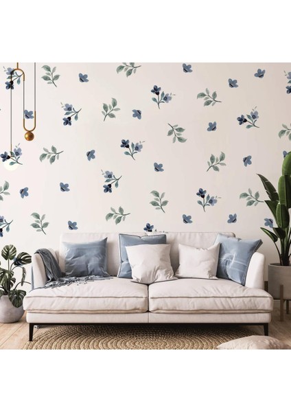Mavi Çiçekler ve Yapraklar Duvar Sticker Boho Duvar Dekorasyon